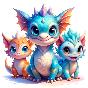 three cute kawai dragon,clean background,white background,best image, high quality.