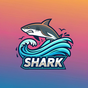 Stylized shark logo with ocean wave inspiration. Vibrant gradient background. Brand name prominently featured.