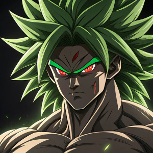 Anime-style illustration of Broly, intense expression, glowing red eyes, green highlights on a black background