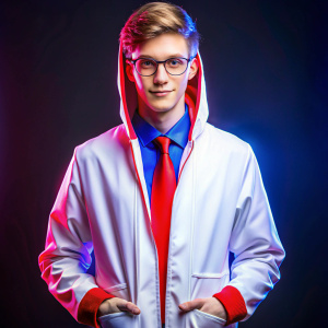 Student in a red coat on a black background, eSports, neon
