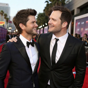 Adam Scott and Chris Pratt at the world premiere of their latest film. Black tie event, red carpet. Casual embrace, smiling