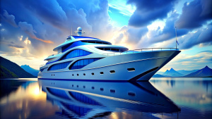 Blue and white futuristic luxurious cataman boat realistic detail photography hd
