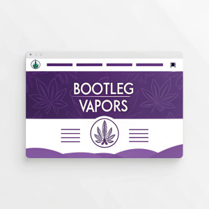 Website layout for Bootleg Vapors featuring purple and white color scheme. Simple design with clear text and logo placement.
