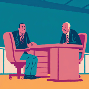 Matt Lauer and Bill O'Reilly in a candid office moment. Dark wooden desk and chairs, warm lighting. Both dressed in dark suits with purple patterned ties.