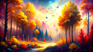 A clearing in the middle of a dense autumn forest - dark red, gold, crimson. Clear, cloudless azure sky. Bright-yellow birches. Dark green spruce. Maples. Oak trees. Pines. Shrubs. Kick it. The dark brown ground is half covered with yellow and red leaves. A flock of starlings is flying in the sky. Yellow sunlight covers everything.