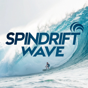 Digital artwork showcasing the Spindrift Wave logo. The logo features a sleek, contemporary font in various shades of blue, set against a clean white background.