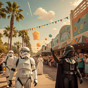 Cosplayers gathered for a Comic-Con Star Wars parade. Crowds cheering. Sunny with palm trees and vibrant decorations.