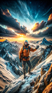 el alpimista de espaldas observando todas las montañas que tubo que escalar para llegar a la cima, lluvia y nieve