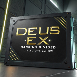 Promotional artwork for Deus Ex: Mankind Divided Collector's Edition. Dark, sleek design with neon accents. Title and subtitle in gold lettering.