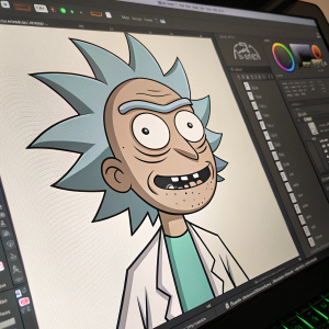 Digital art of Rick Sanchez from Rick and Morty, showcasing multiple facial expressions in a creative software interface, highlighting intricate facial details.