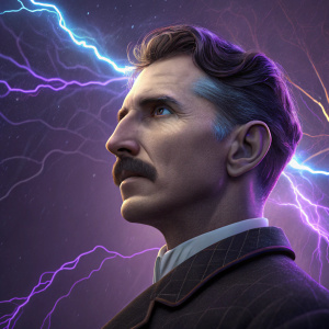 3D digital artwork featuring a close-up of Nikola Tesla's face. Set against a dynamic background of swirling purple and electric blue lightning bolts. Futuristic and electrifying atmosphere.