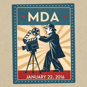 Vintage Film Festival Poster for MDA Casting Call. Features film director clapperboard, classic movie camera, and dated January 22, 2016. Modern design with retro film elements.