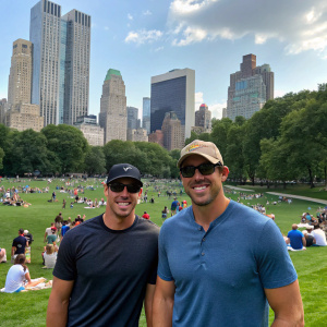 Brooks Koepka and Ricky Elliott at a bustling city park, wearing casual attire. They are posing for a casual outdoor photo.