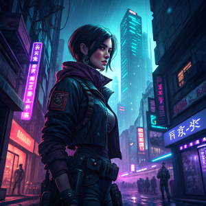 Digital artwork featuring Ada Wong. Stands in a dark alley, illuminated by neon signs. Cyberpunk cityscape background.