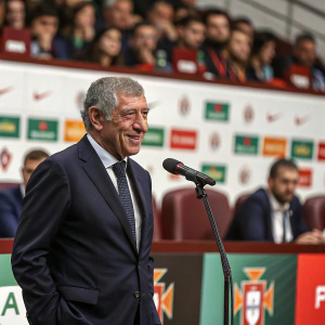 Fernando Santos, the Portuguese national football team coach, during a press conference. Dark suit and tie. Audience in the background.
