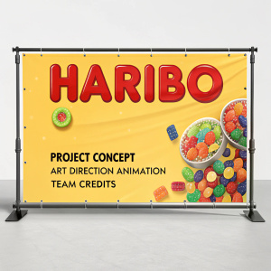 Promotional banner for Haribo featuring bold red text on a bright yellow background. Details include project concept, art direction, animation, and team credits. Vibrant and eye-catching design.