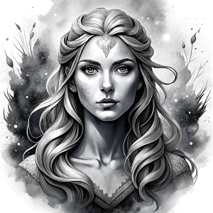 Nordic Godness Snotra - perfect realistic art, high-definition grey and black, white background tattoo design