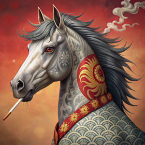 
Horse has Japanese tattoos and smokes