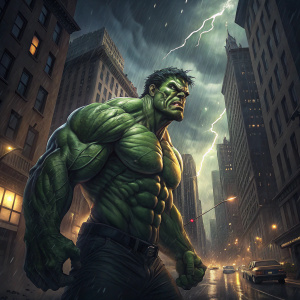 Digital art of the Incredible Hulk. Fierce expression, dark cityscape background