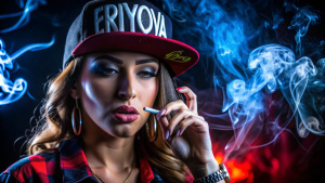 mujer con gorra de rapero hacia atras fumando un cigarrillo para portada de una cancion de reggaeton con notas musicales tenues y la palabra Eriyova