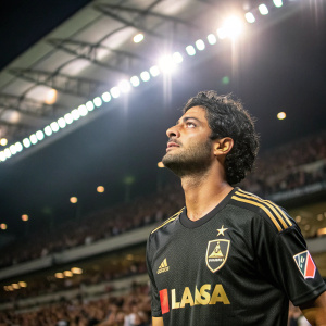Carlos Vela, Mexican soccer star, wearing LAFC jersey. Bright stadium lights, crowd in background.