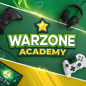 Promotional banner for Warzone Academy. Vibrant green and yellow colors, featuring gaming elements.