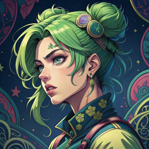 Digital artwork of Jolyne Kujo from Jojo's Bizarre Adventure. Anime-style with vibrant green hair, close-up shot. Dark blue background with intricate, colorful patterns and bold design elements.
