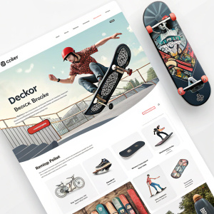 Homepage for Deckor, a leading skate brand. Features sleek images of decks, racks, and gear. Modern layout, vibrant visuals.