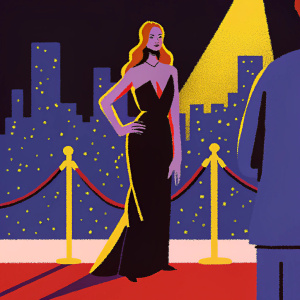 Rosie Huntington-Whiteley in a stunning black dress at the Met Gala. The background features a bustling city skyline at night.