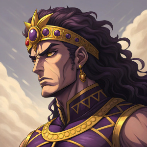 Digital artwork of Kars, a Pillar Man from JoJo's Bizarre Adventure, with intense facial expression. Vibrant colors of purple, gold, and brown. Detailed outfit and headpiece with gold accents. Illustration style is highly detailed and stylized.