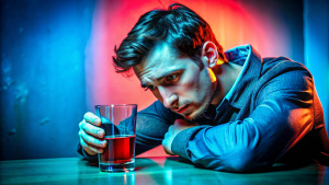 hombre joven triste desaogandose en unos tragos, estilo soledad, y sufrimiento
