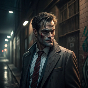 Harvey Dent, the two-faced character, stands in a Gotham alleyway. One half of his face is scarred and bruised.