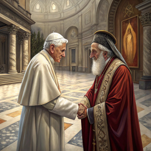 Pope Benedict XVI meeting with a rabbi. The pope, dressed in regal vestments, offers his hand in a gesture of unity. Rabbi, adorned in traditional attire, stands respectfully. The meeting takes place in the grand, marble-floored sanctuary of the Vatican.