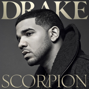 Drake's 'Scorpion' album cover features a close-up portrait of Drake with a neutral expression. Set against a monochromatic background of gray and black tones. Album title 'Scorpion' and Drake's name in bold, sleek fonts. Minimalist design with song titles listed in clean, modern typography.