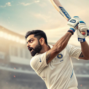Virat Kohli, in intense batting stance, against a blurred cricket stadium backdrop. Promotional poster for upcoming cricket match. Wearing white cricket attire with blue team logo.