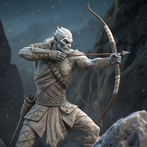 A fierce demon archer from Far Cry 4. Posed with a bow and arrow. Pale stone texture. Dark, rocky background. 3D model.
