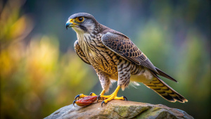 The falcon is sitting on a rock, its sharp claws ready to grab the victim.