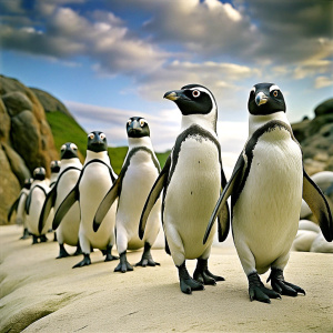 
penguins walking, gliding, walking
in habitat