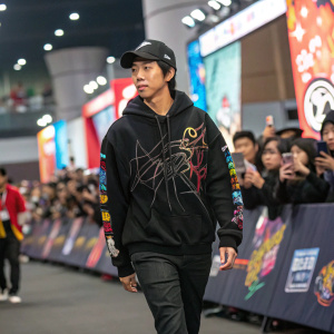 Lee Seung-Gi at Seoul Comic-Con, walking through a bustling crowd, dressed casually in a black hoodie with graffiti art. Background filled with excited fans and vibrant banners.