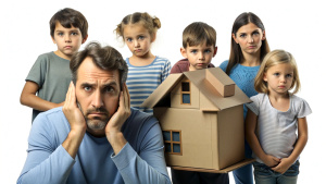 Tired sad evicted family with kids worried relocating house. Moving to new home, family financial problems, crisis, financial hardship, cost of living concept