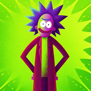 3D animation. Rick Sanchez, with an enormous smile and wild, blue spiky hair. Teasing expression. Digital rendering.