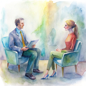 una entrevista entre dos personas en una sala de espera 