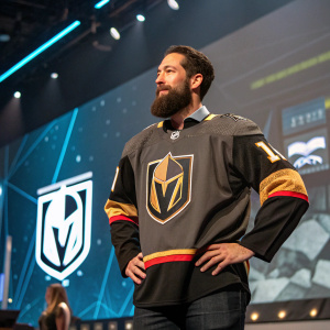Deryk Engelland, a bearded man, dressed in his Vegas Golden Knights jersey. Standing confidently at a gaming convention with a futuristic backdrop.