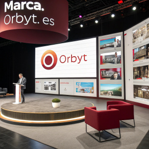 Dynamic digital presentation for marca.orbyt.es. Centerpiece 'ORBYT' logo. Multiple screens displaying diverse layouts and content in Spanish. Seamless blend of neutral and vibrant colors, rich multimedia elements.