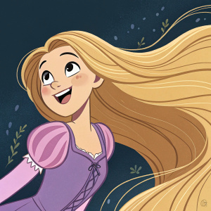 Cartoony digital illustration featuring Rapunzel from Disney's Tangled. Long flowing hair, smiling face, dynamic pose. Close-up section with dark tones and bright colors.