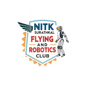Futuristic logo design for NITK Surathkal's Flying and Robotics Club. Vibrant colors, sleek robot illustration, bold text