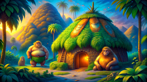 prehistoric, fat caveman and fat cavewoman near the hut cartoon style, hut with roof covered by leafs