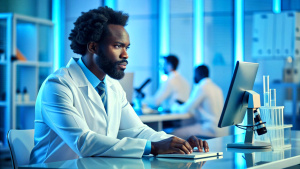  African American pharmaceutical scientist using computer while working on new research in laboratory.