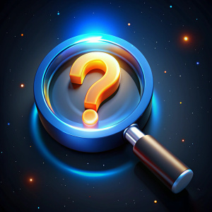 magnifying glass question mark icon 3D, frosted glass, blur, isometric, blue and a little orange gradient, clean, black starry sky background, studio lighting, microsoft fluent, octane renderer, high detail, 16k --v 5.0
