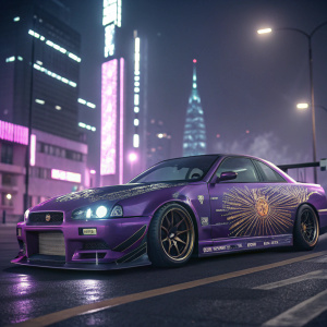 Digital rendering of a custom Nissan Skyline GT-R. Purple paint job. Detailed sunburst pattern design. Futuristic setting with neon lights.